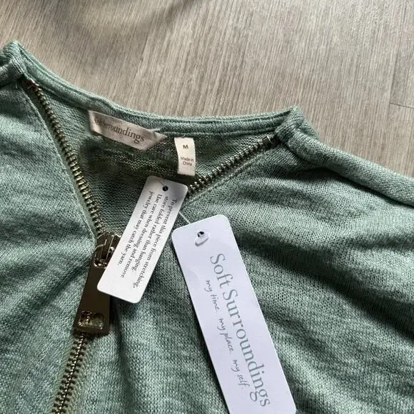 Soft Surroundings Valentina Gold Zip Sweater Dusty Sage Green NWT M Top Shirt - Picture 2 of 6